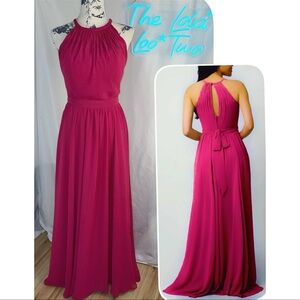 Kennedy Blue “Erica” ; High Sheer Halter, Pleated Pink Chiffon A-line Dress